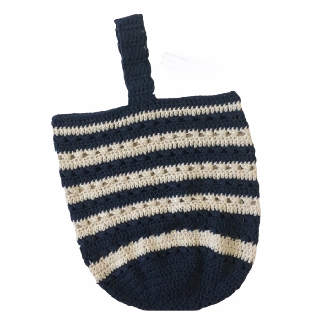 Handmade Crochet Cotton tote Blue Cream Stripe